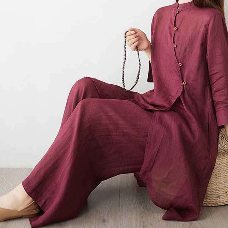 Nimara Ritual Casual 2pcs Plain Three Quarter Sleeve Slanted Collar Shirt Top Wide Leg Pants With Pockets Meditation Zen Tai Chi Clothing Women's Set