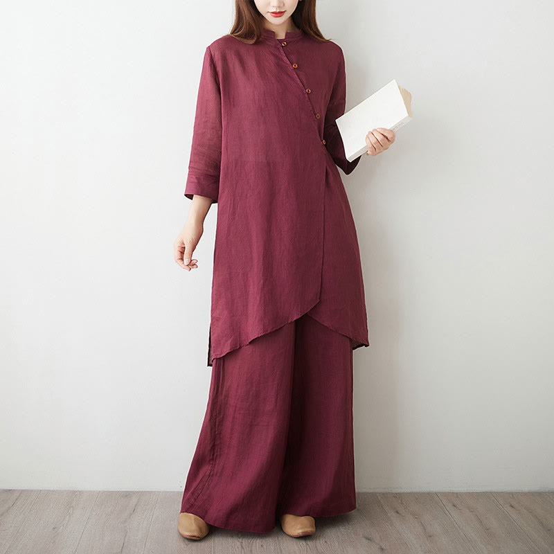Nimara Ritual Casual 2pcs Plain Three Quarter Sleeve Slanted Collar Shirt Top Wide Leg Pants With Pockets Meditation Zen Tai Chi Clothing Women's Set