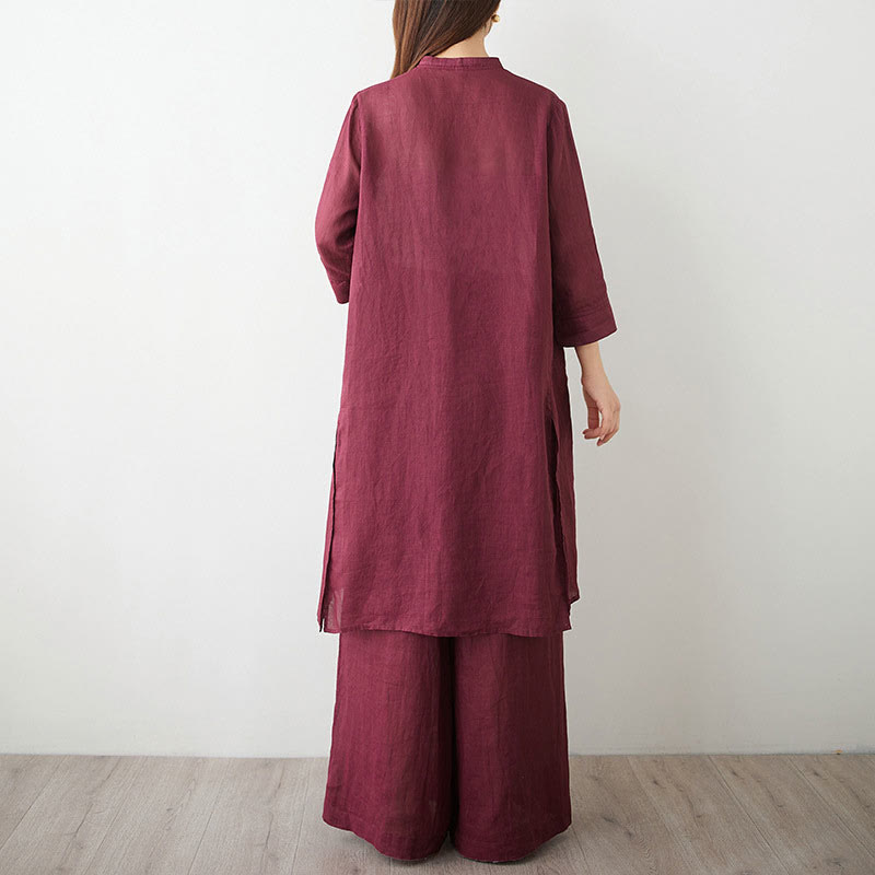 Nimara Ritual Casual 2pcs Plain Three Quarter Sleeve Slanted Collar Shirt Top Wide Leg Pants With Pockets Meditation Zen Tai Chi Clothing Women's Set