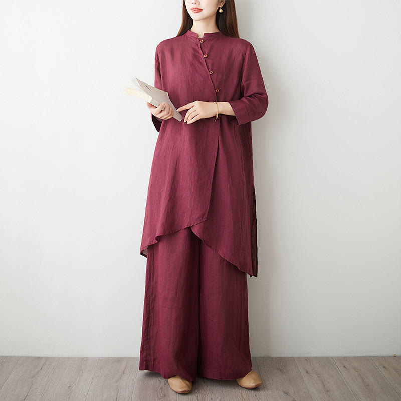 Nimara Ritual Casual 2pcs Plain Three Quarter Sleeve Slanted Collar Shirt Top Wide Leg Pants With Pockets Meditation Zen Tai Chi Clothing Women's Set