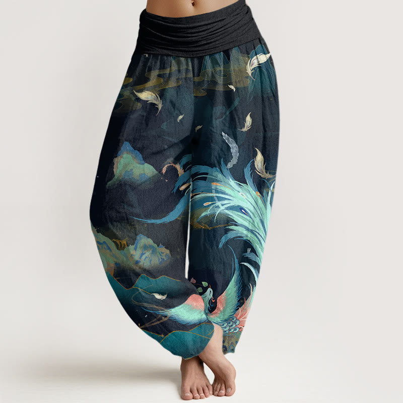 Nimara Ritual Cotton Phoenix Mountain Cloud Pattern Women's Elastic Waist Harem Pants