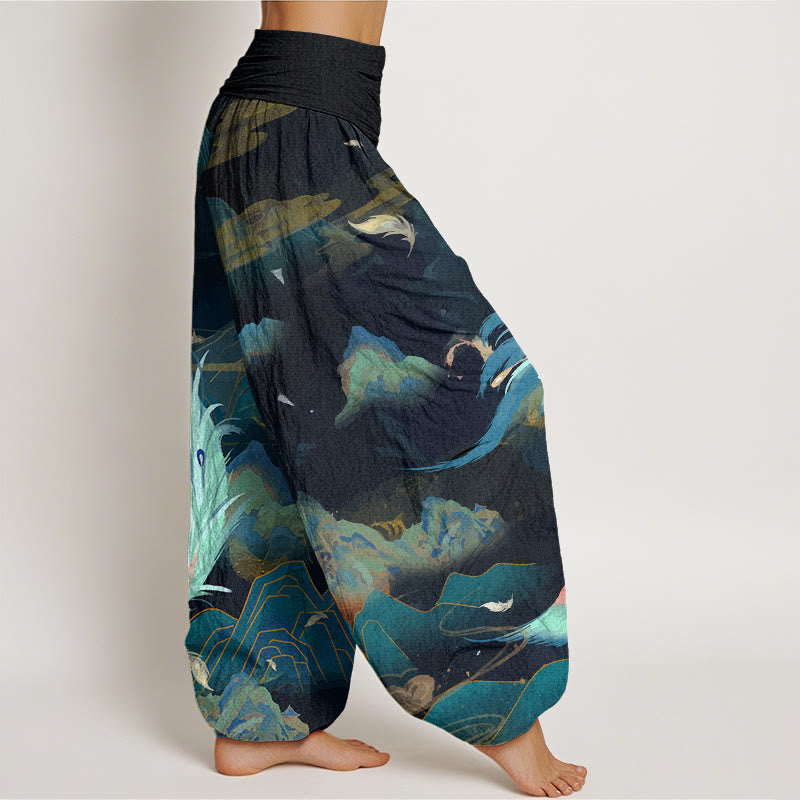 Nimara Ritual Cotton Phoenix Mountain Cloud Pattern Women's Elastic Waist Harem Pants