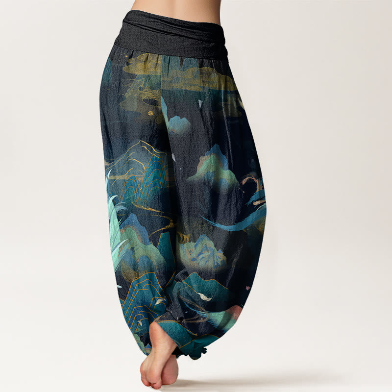 Nimara Ritual Cotton Phoenix Mountain Cloud Pattern Women's Elastic Waist Harem Pants