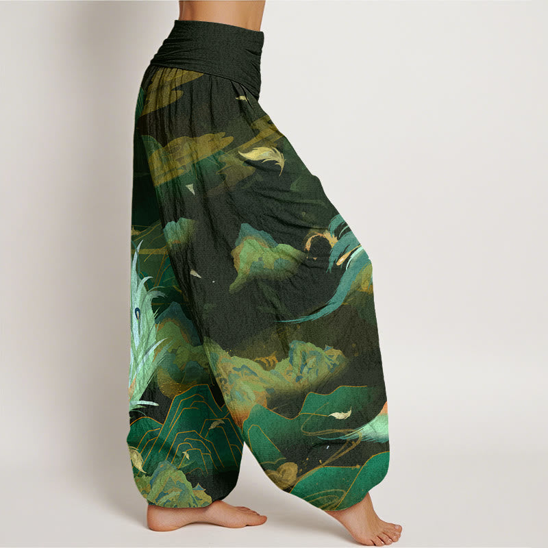 Nimara Ritual Cotton Phoenix Mountain Cloud Pattern Women's Elastic Waist Harem Pants