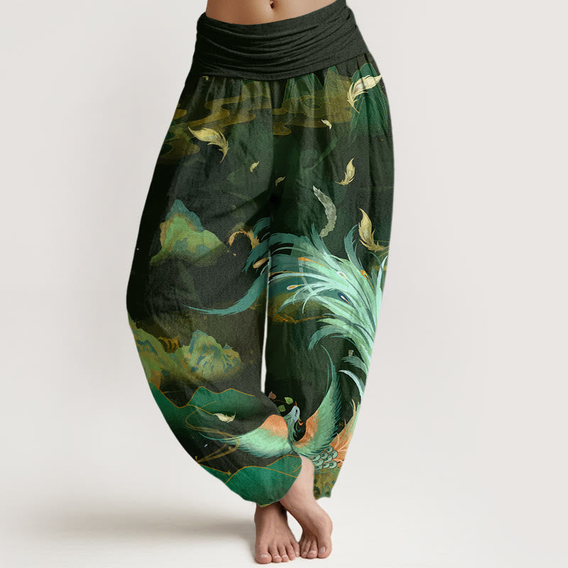 Nimara Ritual Cotton Phoenix Mountain Cloud Pattern Women's Elastic Waist Harem Pants