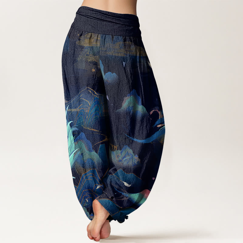 Nimara Ritual Cotton Phoenix Mountain Cloud Pattern Women's Elastic Waist Harem Pants