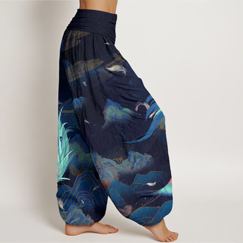 Nimara Ritual Cotton Phoenix Mountain Cloud Pattern Women's Elastic Waist Harem Pants