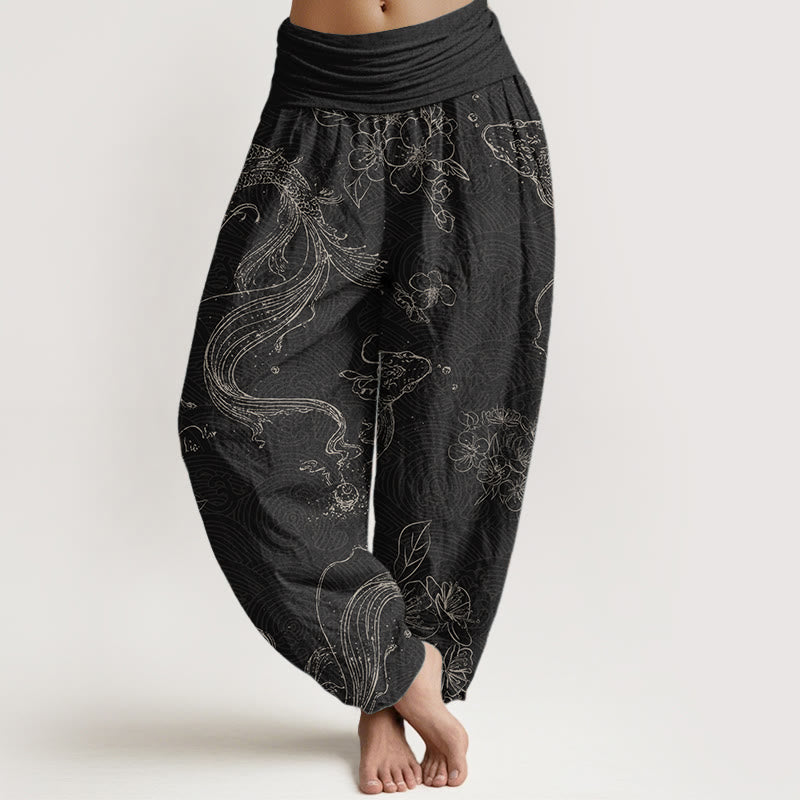 Nimara Ritual Pure Cotton Koi Fish Floral Pattern Women's Elastic Waist Harem Pants