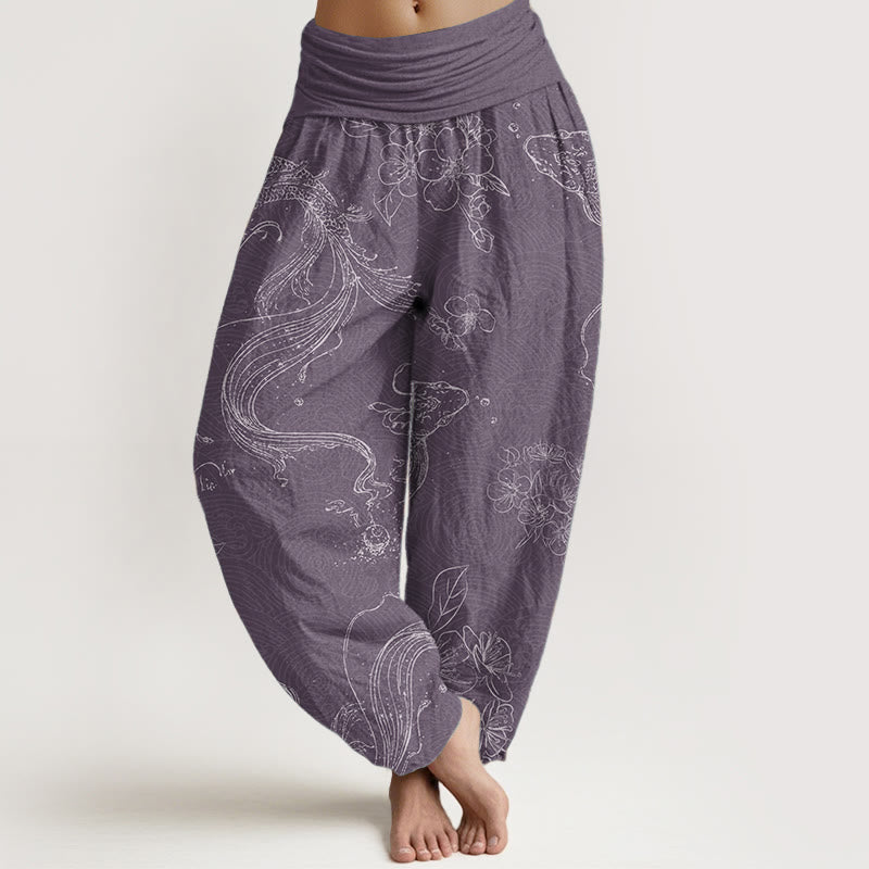 Nimara Ritual Pure Cotton Koi Fish Floral Pattern Women's Elastic Waist Harem Pants
