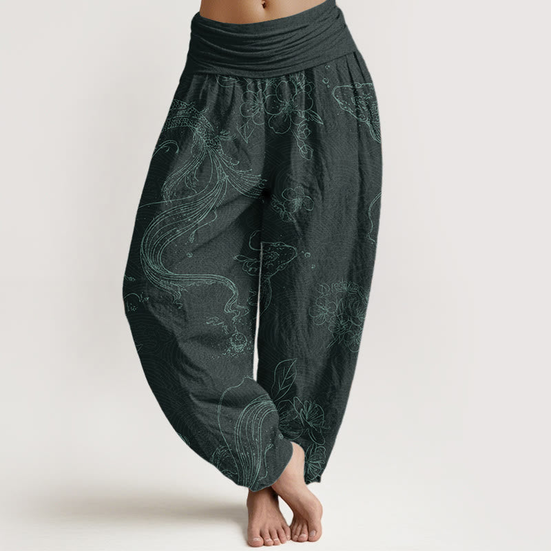 Nimara Ritual Pure Cotton Koi Fish Floral Pattern Women's Elastic Waist Harem Pants
