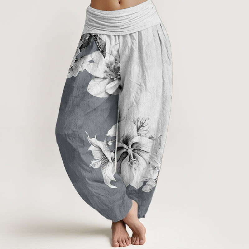 Nimara Ritual Pure Cotton Camellia Pattern Women's Elastic Waist Harem Pants