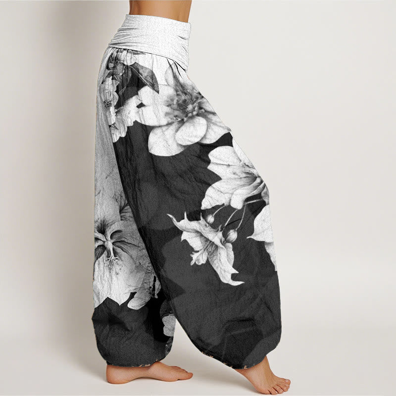 Nimara Ritual Pure Cotton Camellia Pattern Women's Elastic Waist Harem Pants
