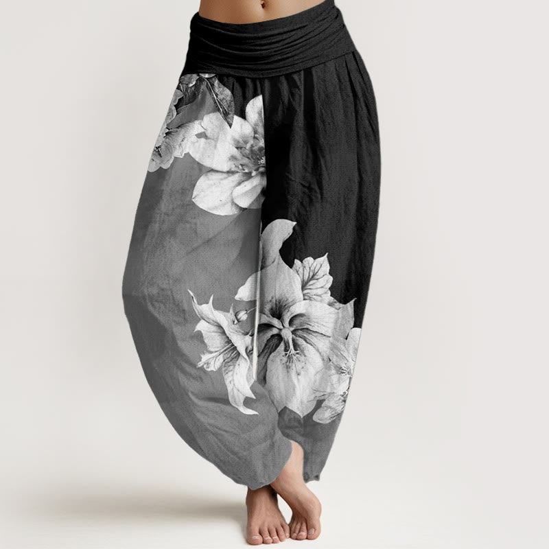 Nimara Ritual Pure Cotton Camellia Pattern Women's Elastic Waist Harem Pants