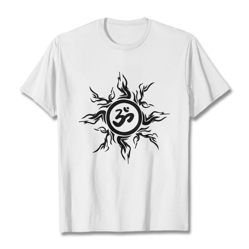 Nimara Ritual Sunburst Pattern Surrounding An Om Symbol Pattern Cotton Tee T-shirt