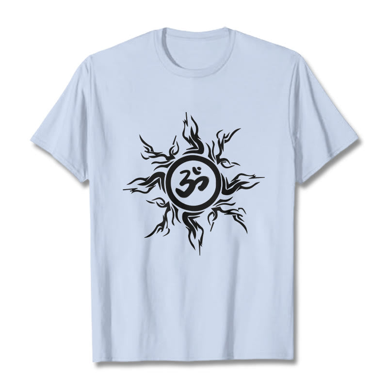 Nimara Ritual Sunburst Pattern Surrounding An Om Symbol Pattern Cotton Tee T-shirt