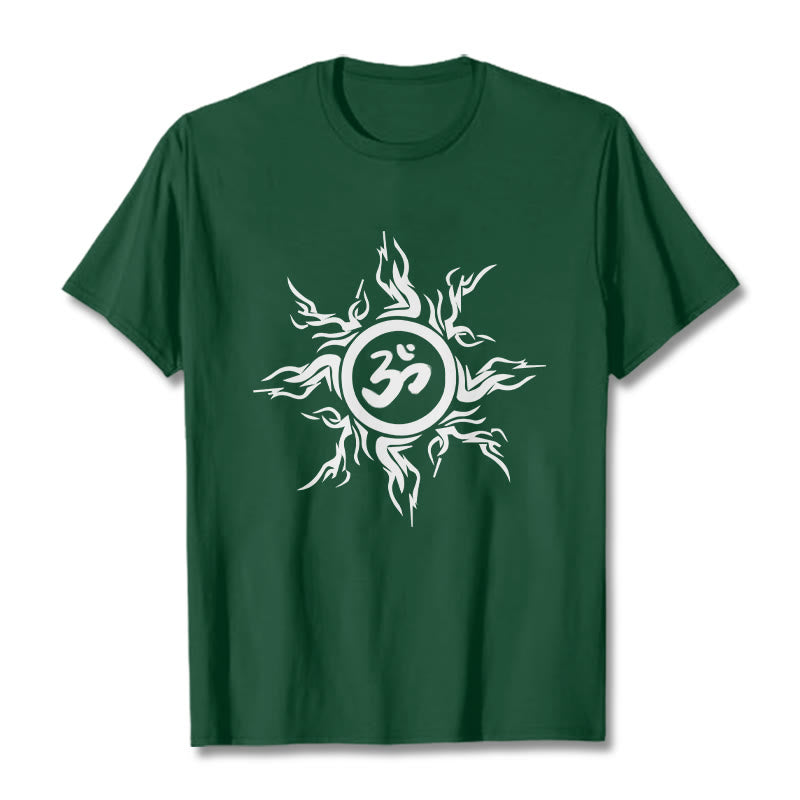 Nimara Ritual Sunburst Pattern Surrounding An Om Symbol Pattern Cotton Tee T-shirt