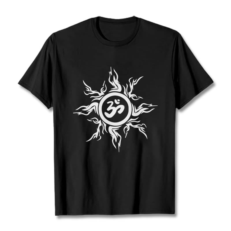 Nimara Ritual Sunburst Pattern Surrounding An Om Symbol Pattern Cotton Tee T-shirt
