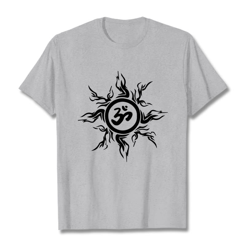 Nimara Ritual Sunburst Pattern Surrounding An Om Symbol Pattern Cotton Tee T-shirt
