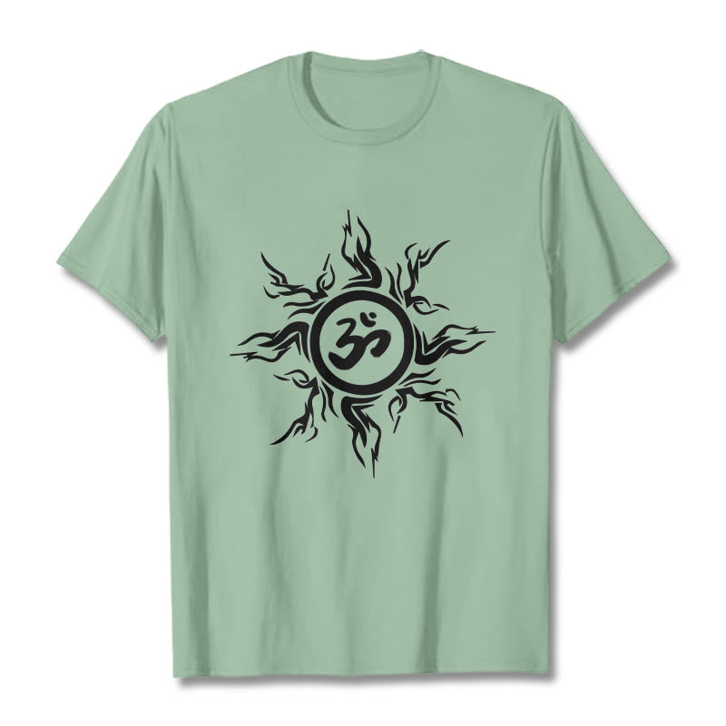 Nimara Ritual Sunburst Pattern Surrounding An Om Symbol Pattern Cotton Tee T-shirt
