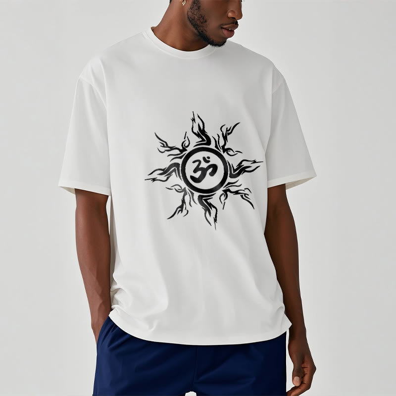 Nimara Ritual Sunburst Pattern Surrounding An Om Symbol Pattern Cotton Tee T-shirt