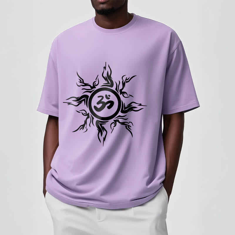 Nimara Ritual Sunburst Pattern Surrounding An Om Symbol Pattern Cotton Tee T-shirt
