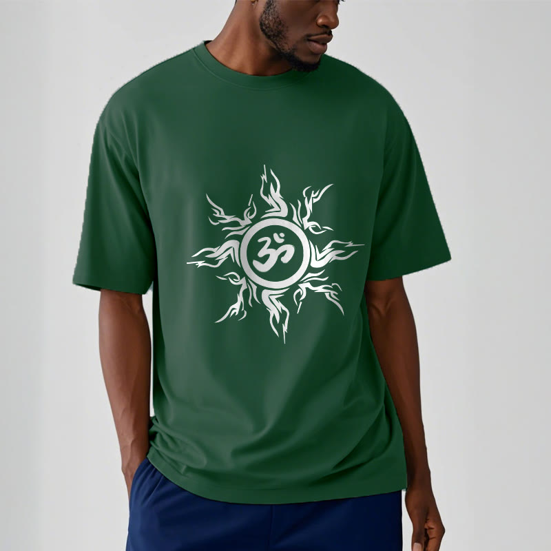 Nimara Ritual Sunburst Pattern Surrounding An Om Symbol Pattern Cotton Tee T-shirt