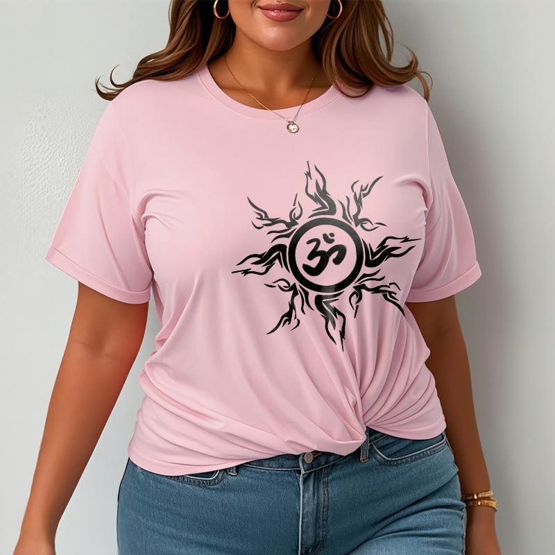 Nimara Ritual Sunburst Pattern Surrounding An Om Symbol Pattern Cotton Tee T-shirt
