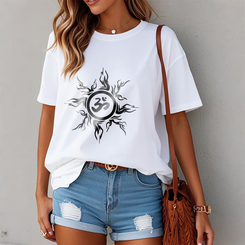 Nimara Ritual Sunburst Pattern Surrounding An Om Symbol Pattern Cotton Tee T-shirt