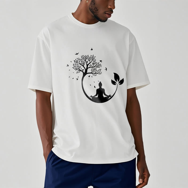 Nimara Ritual Buddha Meditating In A Tree Pattern Cotton Tee T-shirt