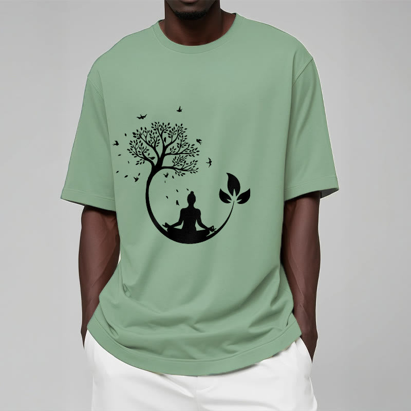 Nimara Ritual Buddha Meditating In A Tree Pattern Cotton Tee T-shirt