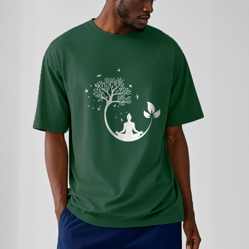 Nimara Ritual Buddha Meditating In A Tree Pattern Cotton Tee T-shirt