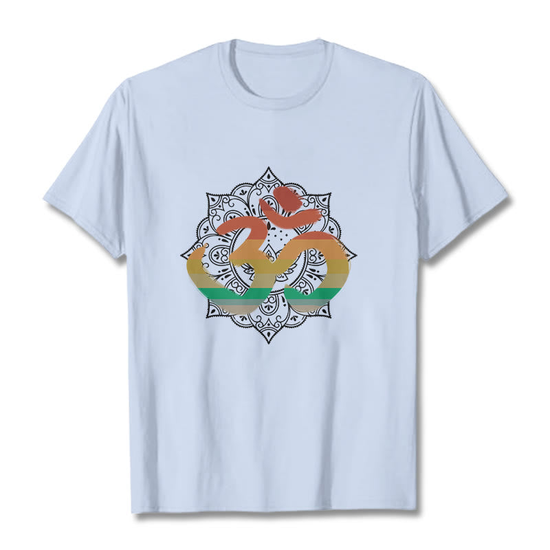 Nimara Ritual Gradient-colored Om Sanskrit Mandala Background Pattern Cotton Tee T-shirt