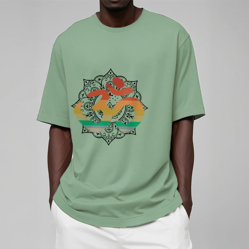 Nimara Ritual Gradient-colored Om Sanskrit Mandala Background Pattern Cotton Tee T-shirt