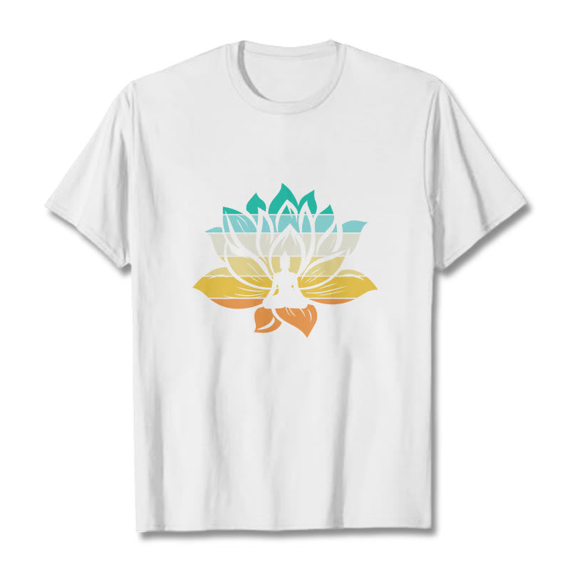 Nimara Ritual Gradient-colored Lotus Flower Buddha Meditation Cotton Tee T-shirt