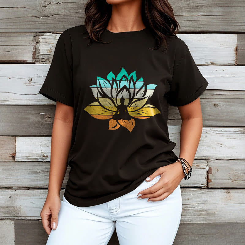 Nimara Ritual Gradient-colored Lotus Flower Buddha Meditation Cotton Tee T-shirt