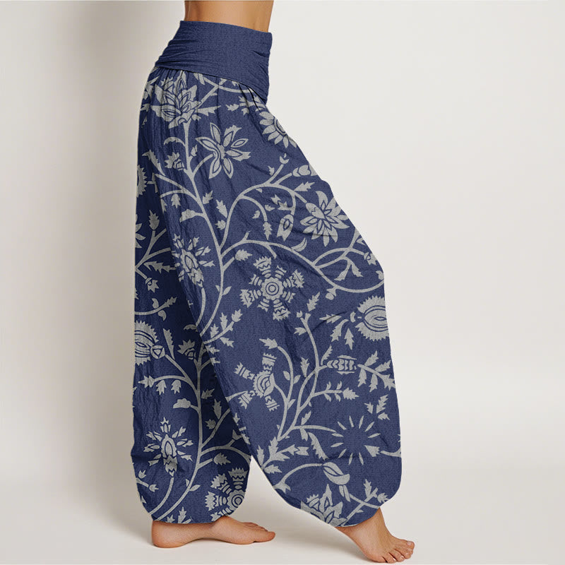 Nimara Ritual Cotton Casual Floral Branches Flowing Vines Pattern Women's Elastic Waist Harem Pants