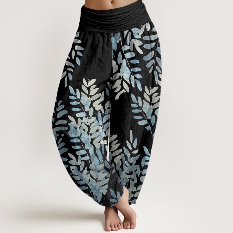 Nimara Ritual Cotton Casual Plant Interlaced Leaves Pattern Women's Elastic Waist Harem Pants