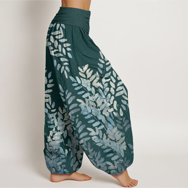 Nimara Ritual Cotton Casual Plant Interlaced Leaves Pattern Women's Elastic Waist Harem Pants