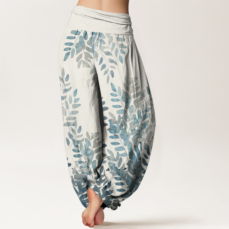 Nimara Ritual Cotton Casual Plant Interlaced Leaves Pattern Women's Elastic Waist Harem Pants