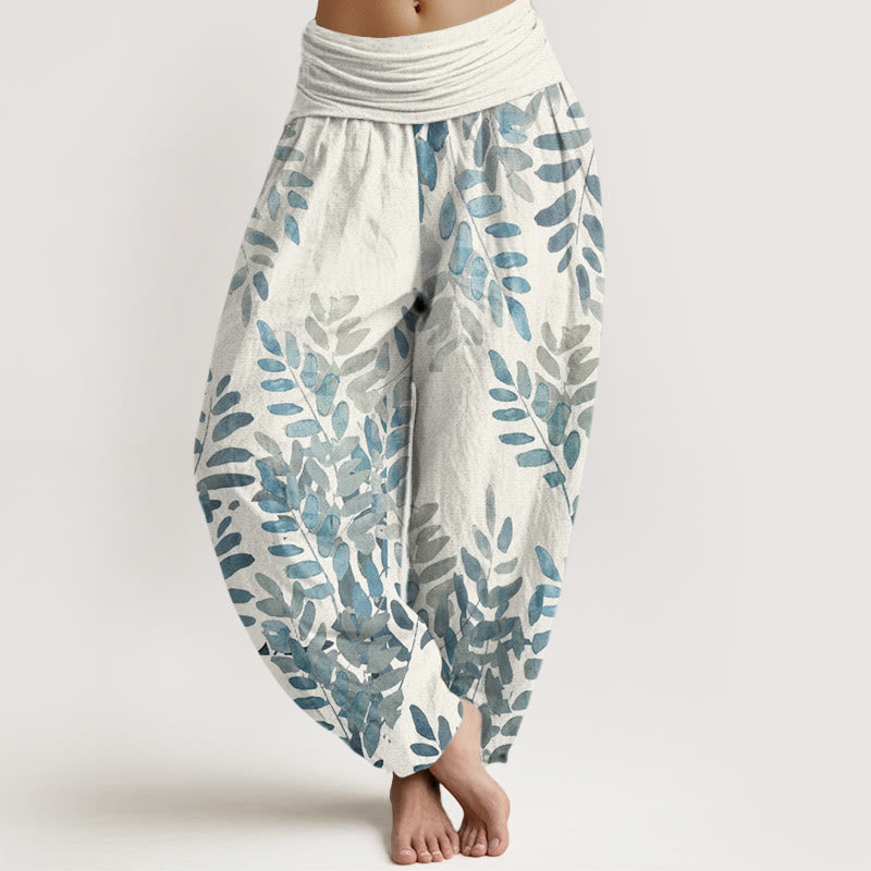 Nimara Ritual Cotton Casual Plant Interlaced Leaves Pattern Women's Elastic Waist Harem Pants