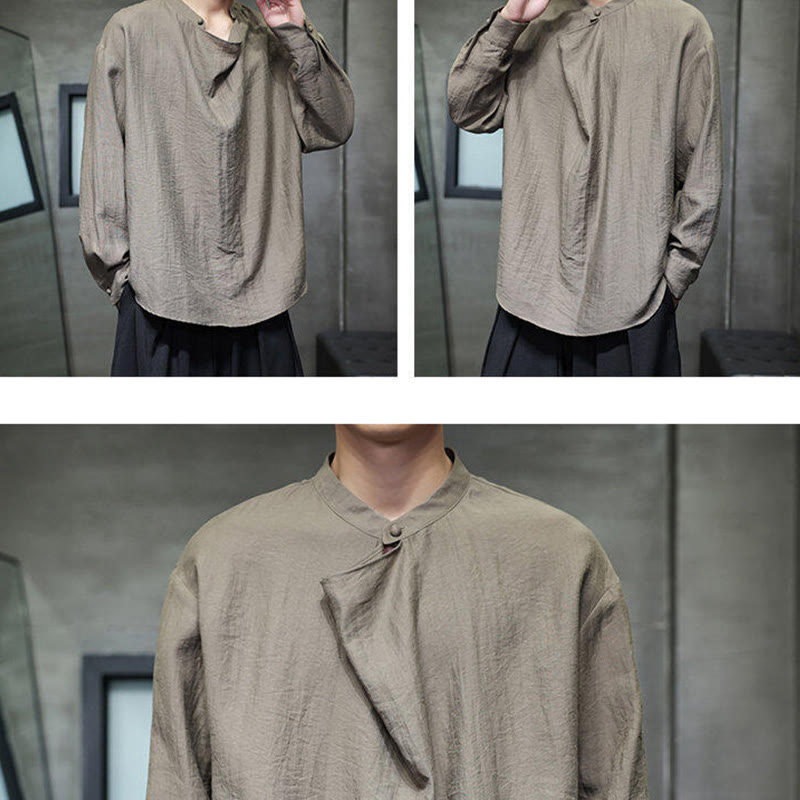 Nimara Ritual Spring Solid Color Pleated Stand Collar Design Tang Suit Men's Long Sleeve Linen Shirt