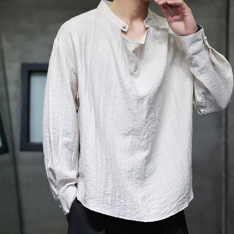 Nimara Ritual Spring Solid Color Pleated Stand Collar Design Tang Suit Men's Long Sleeve Linen Shirt