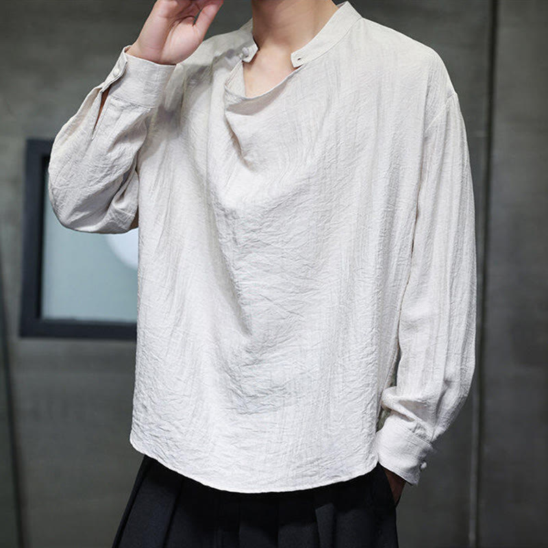 Nimara Ritual Spring Solid Color Pleated Stand Collar Design Tang Suit Men's Long Sleeve Linen Shirt