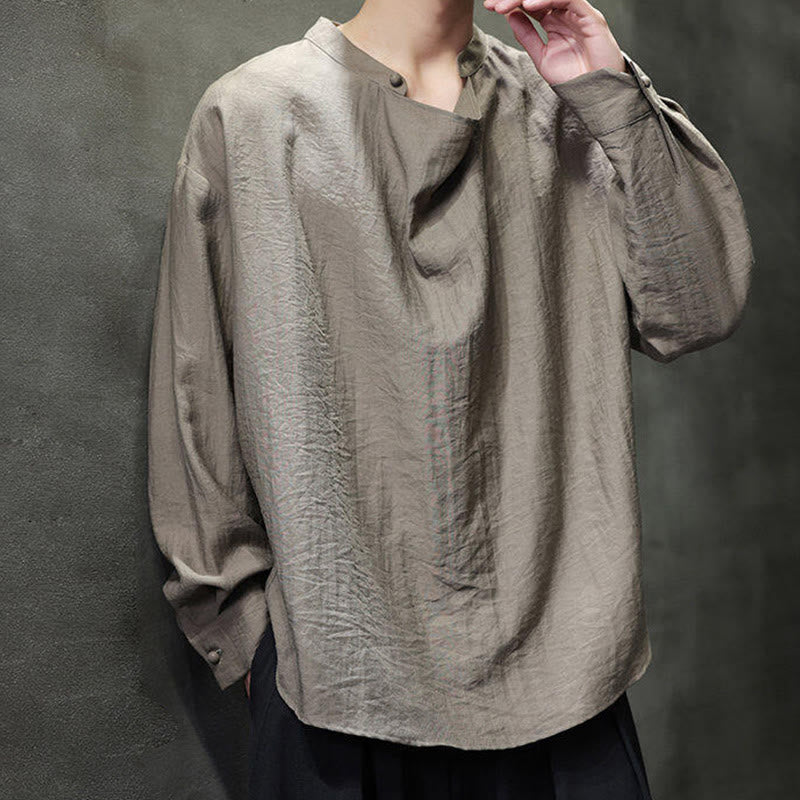 Nimara Ritual Spring Solid Color Pleated Stand Collar Design Tang Suit Men's Long Sleeve Linen Shirt