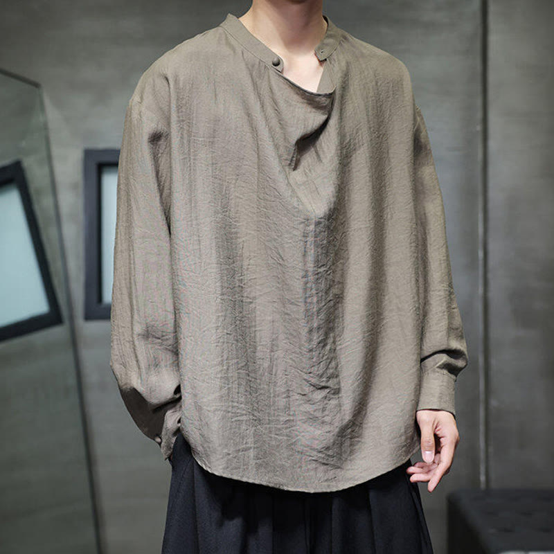Nimara Ritual Spring Solid Color Pleated Stand Collar Design Tang Suit Men's Long Sleeve Linen Shirt