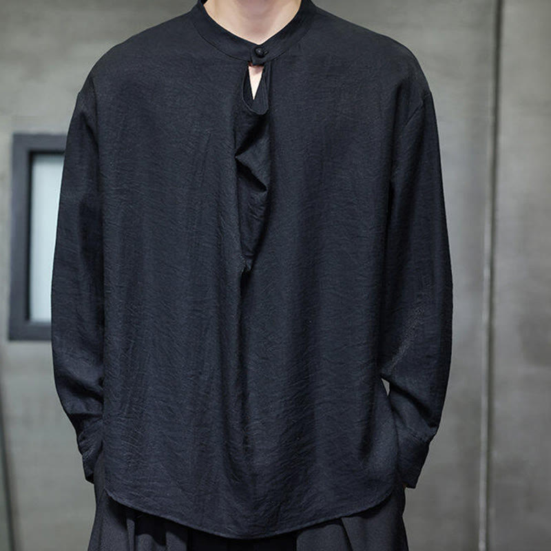 Nimara Ritual Spring Solid Color Pleated Stand Collar Design Tang Suit Men's Long Sleeve Linen Shirt