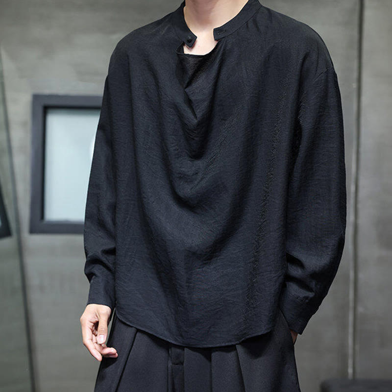 Nimara Ritual Spring Solid Color Pleated Stand Collar Design Tang Suit Men's Long Sleeve Linen Shirt