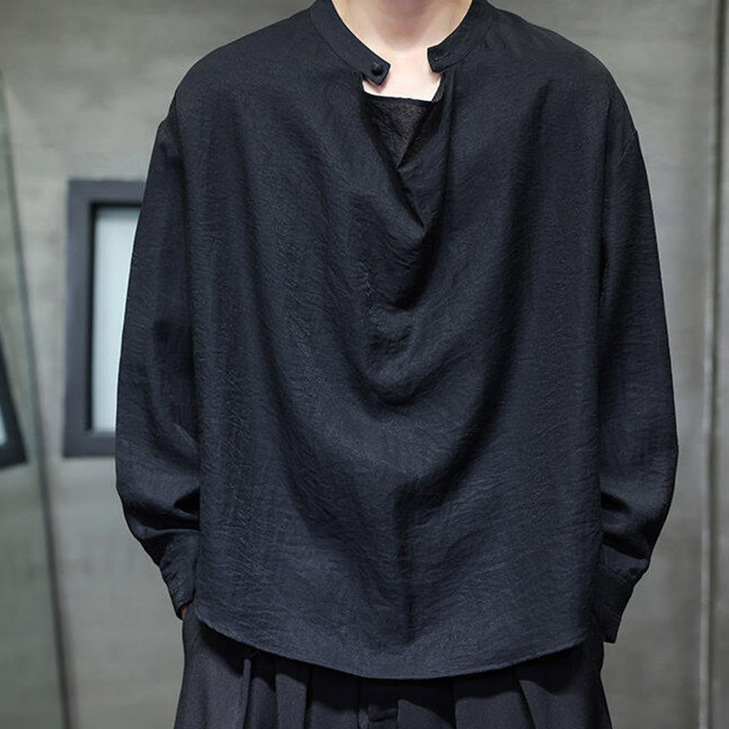 Nimara Ritual Spring Solid Color Pleated Stand Collar Design Tang Suit Men's Long Sleeve Linen Shirt