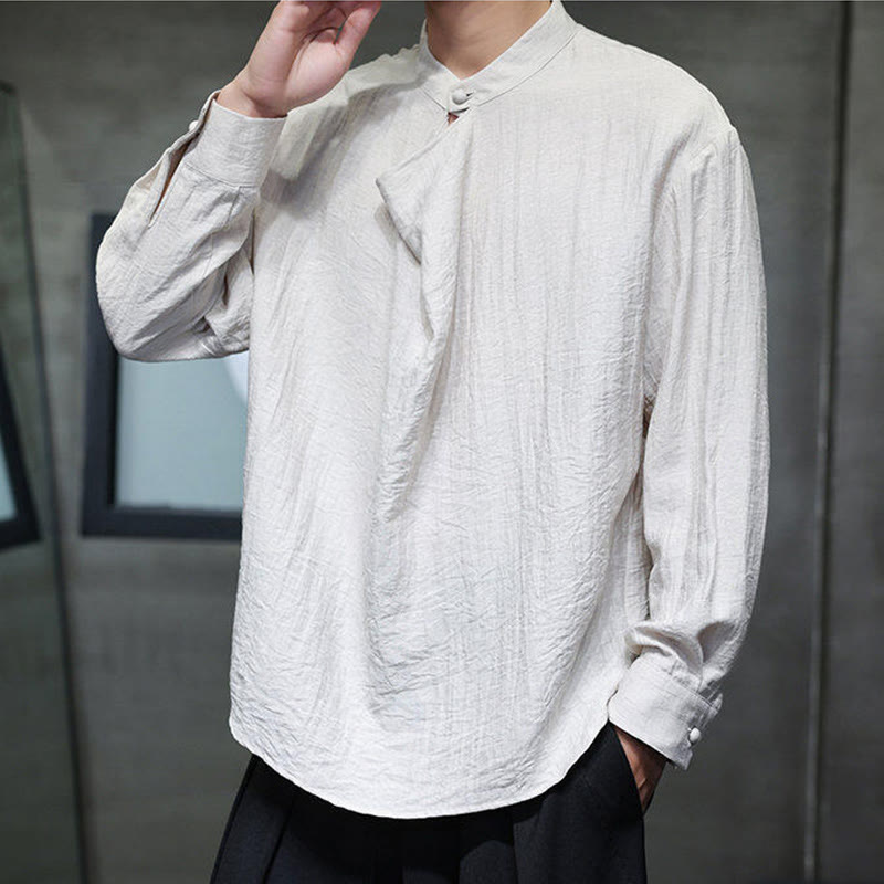 Nimara Ritual Spring Solid Color Pleated Stand Collar Design Tang Suit Men's Long Sleeve Linen Shirt