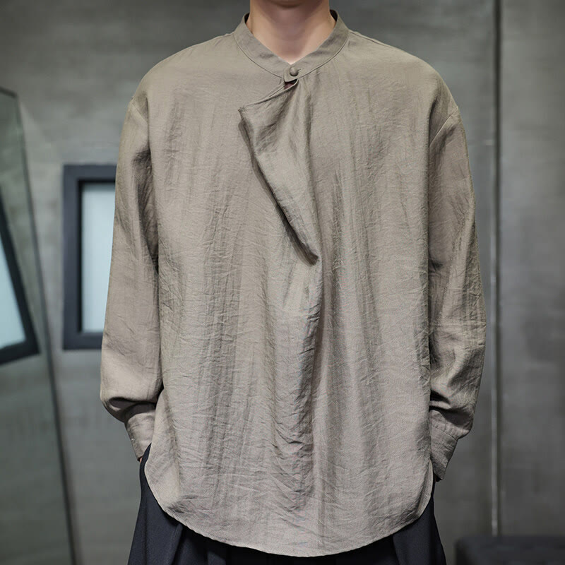 Nimara Ritual Spring Solid Color Pleated Stand Collar Design Tang Suit Men's Long Sleeve Linen Shirt